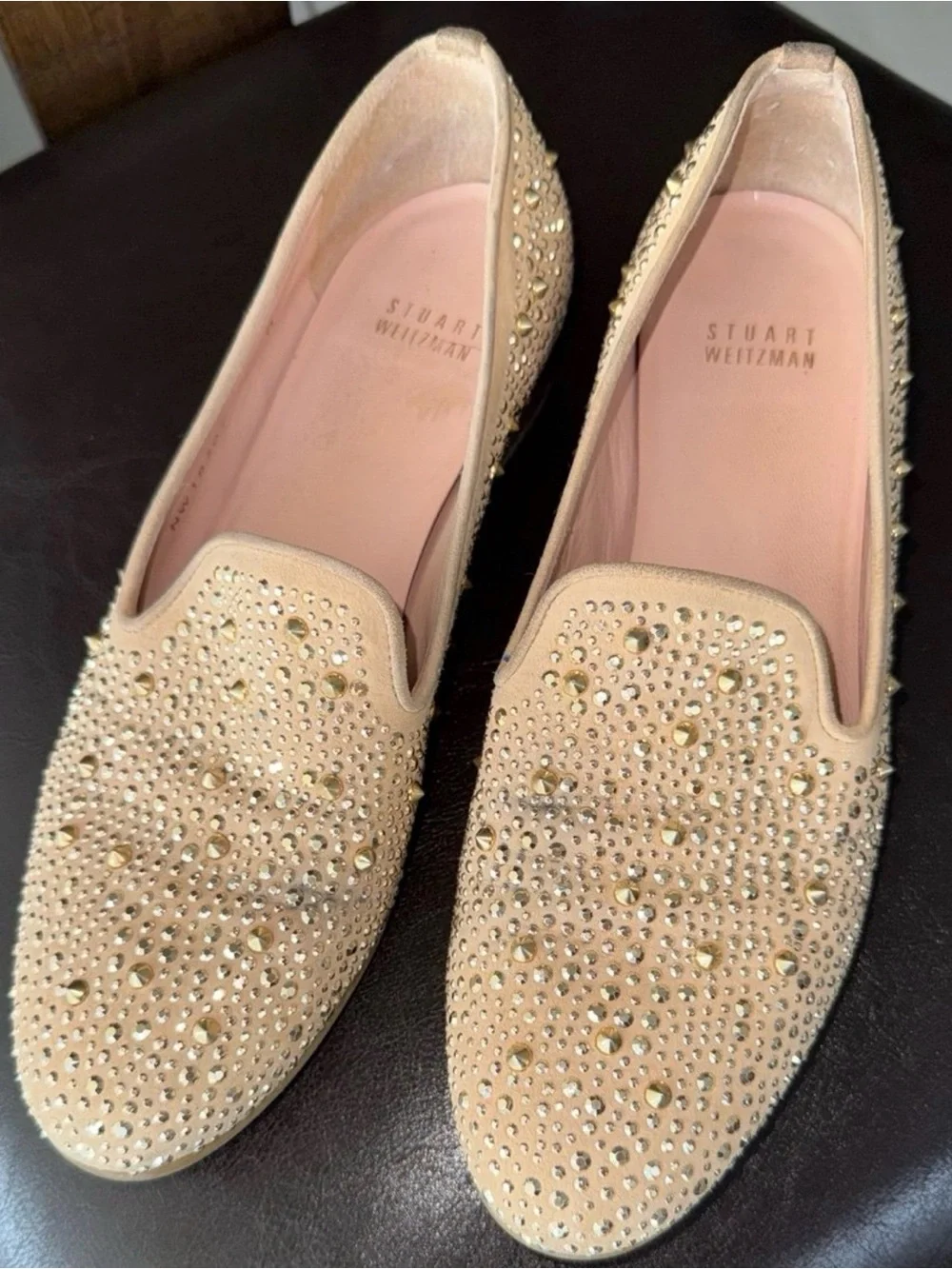 Stuart Weitzman Beige Suede Studded Slip-On Loafer Flats Women’s US 7 M